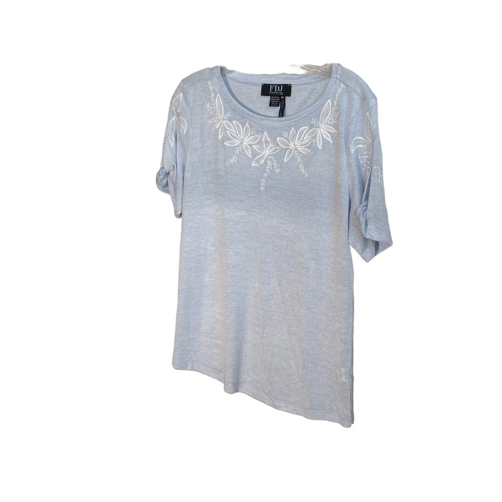 FDJ Size M Women’s Pale Blue Embroidered with Flowers Top